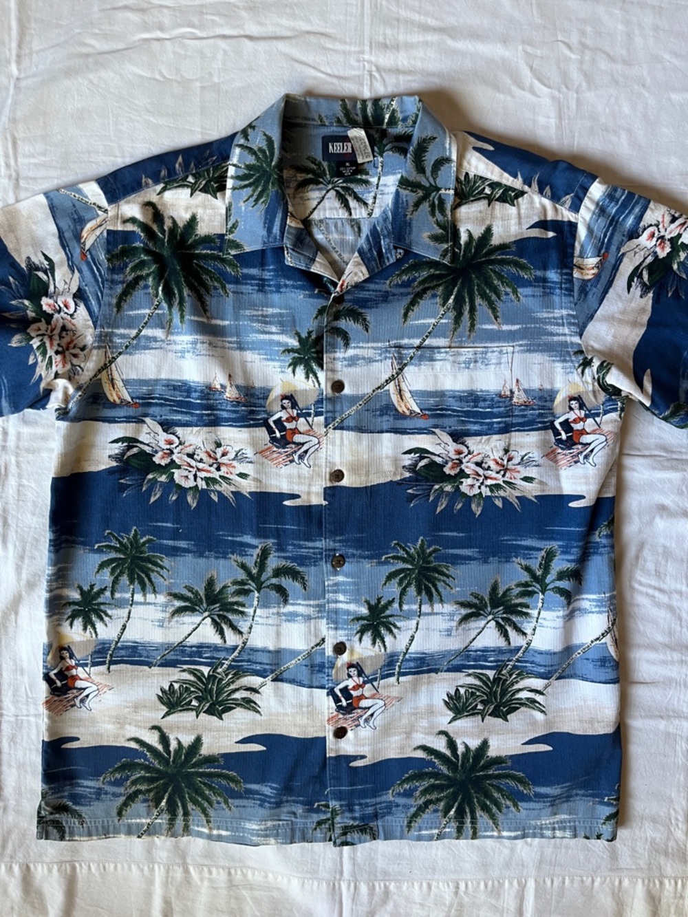 Keeler Bay Blue and White Palm-Print Tropical Button-Down Shirt XL